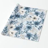 Blauwe en beige bloemen cadeaupapier (Uitgerold)