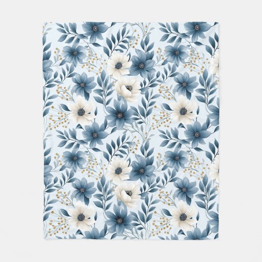 Blauwe en beige bloemen fleece deken (Voorkant)