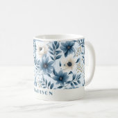 Blauwe en beige bloemen koffiemok (Voorkant rechts)