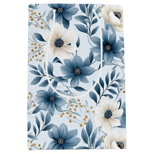 Blauwe en beige bloemen medium cadeauzakje (Voorkant)