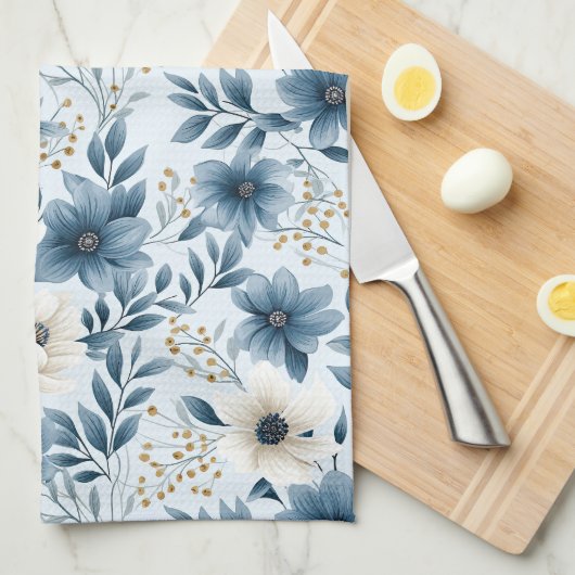 Blauwe en beige bloemen theedoek (Quarter Fold)