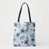 Blauwe en beige bloemen tote bag (Voorkant)