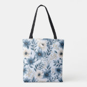 Blauwe en beige bloemen tote bag (Achterkant)