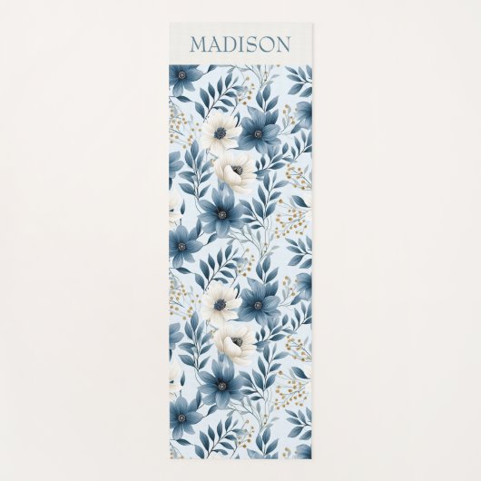 Blauwe en beige bloemen yogamat (Voorkant)