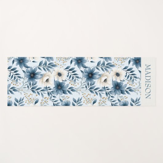 Blauwe en beige bloemen yogamat (Voorkant (horizontaal))