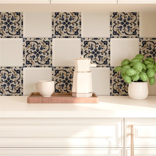 Blauwe en beige  bloemrol tegeltje