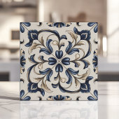 Blauwe en beige  bloemrol tegeltje