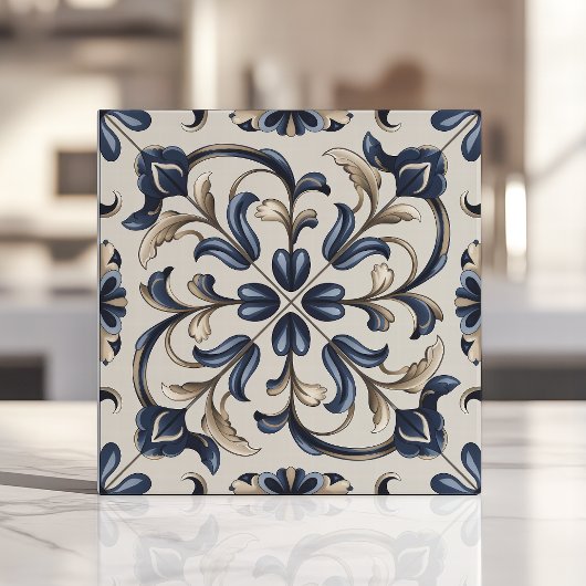 Blauwe en beige  bloemrol tegeltje