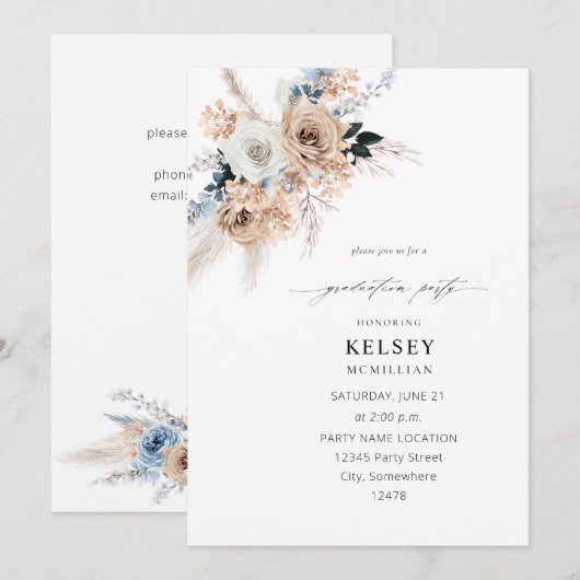 Blauwe en beige Boho Floral Graduation Party Kaart (Voorkant / Achterkant)