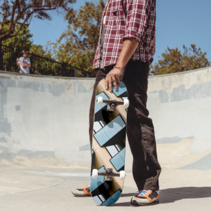 Blauwe en beige geometrische architectuur persoonlijk skateboard