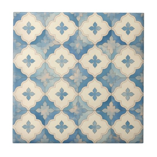 Blauwe en beige  keramische Tegel Tegeltje (Voorkant)
