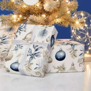 Blauwe en Beige Kerstversieringen Cadeaupapier