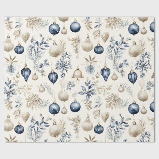 Blauwe en Beige Kerstversieringen Cadeaupapier (Vlak)