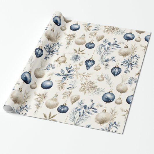 Blauwe en Beige Kerstversieringen Cadeaupapier (Uitgerold)