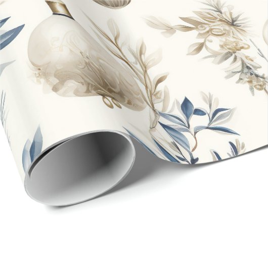 Blauwe en Beige Kerstversieringen Cadeaupapier (Rol Hoek)