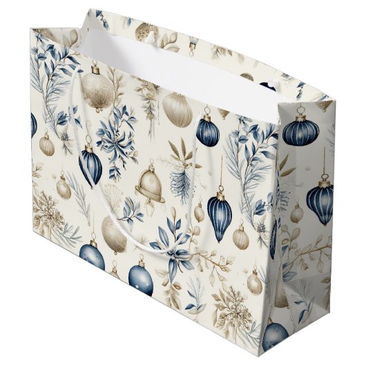 Blauwe en Beige Kerstversieringen Groot Cadeauzakje (Achterkant Gekanteld)