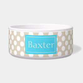 Blauwe en beige pokken met naam voerbakje