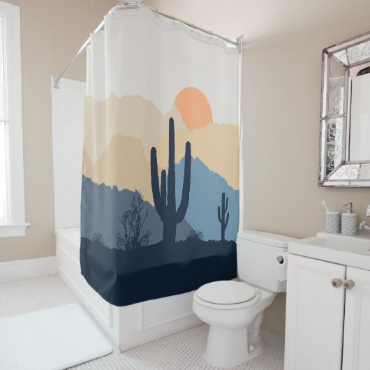 Blauwe en beige woestijnzon douchegordijn (In situ)