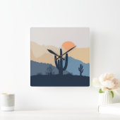 Blauwe en beige woestijnzon vierkante klok (Huis)