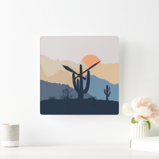 Blauwe en beige woestijnzon vierkante klok (Huis)