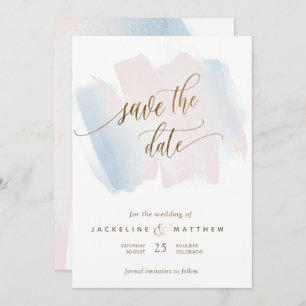 Blauwe en blauwe penseelstreken, minimale bruiloft save the date
