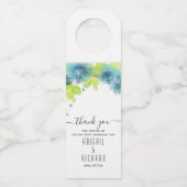 Blauwe en blauwgroen lentesbloemen, bloembruiloft flessenhanger (Voorkant)