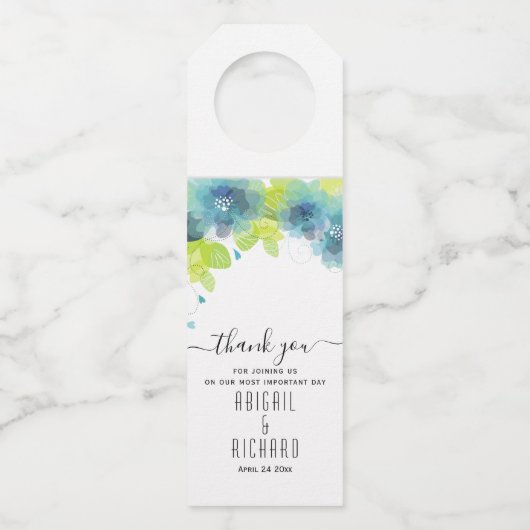 Blauwe en blauwgroen lentesbloemen, bloembruiloft flessenhanger (Voorkant)