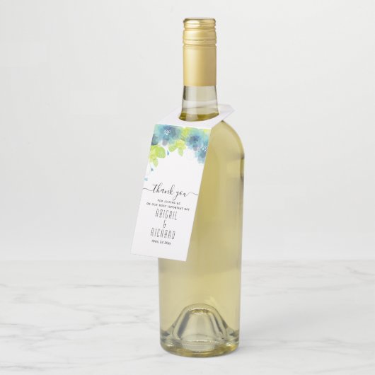 Blauwe en blauwgroen lentesbloemen, bloembruiloft flessenhanger (Schuin)