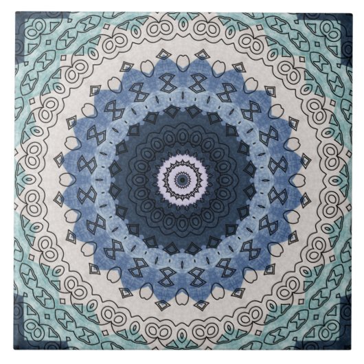 Blauwe en Blauwgroen Mandala met geometrische symm Tegeltje (Voorkant)