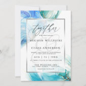 Blauwe en Blauwgroen marmer alcohol Inktsol Uitnod Kaart (Voorkant)