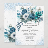 Blauwe en Blauwgroen Pioen Glitter Bruiloft Kaart (Voorkant / Achterkant)
