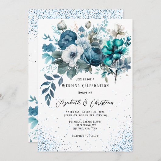 Blauwe en Blauwgroen Pioen Glitter Bruiloft Kaart (Voorkant / Achterkant)