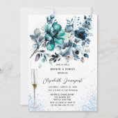 Blauwe en Blauwgroen Pioen Glitter Brunch & Bubbly Kaart (Voorkant)