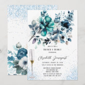 Blauwe en Blauwgroen Pioen Glitter Brunch & Bubbly Kaart (Voorkant / Achterkant)