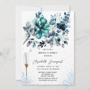Blauwe en Blauwgroen Pioen Glitter Brunch & Bubbly Kaart