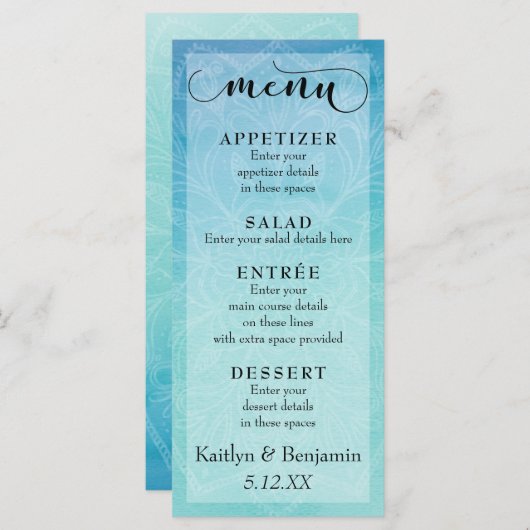 Blauwe en Blauwgroen Waterverf met het Mandala Wed Menu (Voorkant / Achterkant)