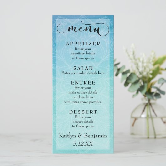 Blauwe en Blauwgroen Waterverf met het Mandala Wed Menu (Staand voorkant)