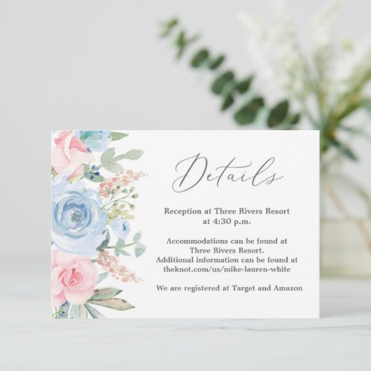 Blauwe en blozende details trouwkaart RSVP kaartje (Staand voorkant)
