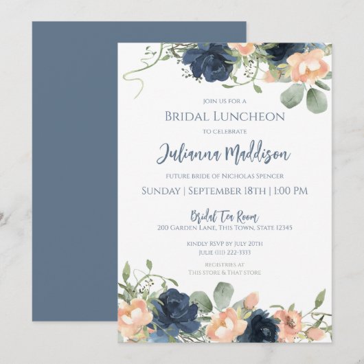 Blauwe en Blush Floral Bridal Luncheon Invitation Kaart (Voorkant / Achterkant)