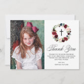 Blauwe en Bourgogne Bloemenkrans Eerste Communie Bedankkaart (Voorkant)