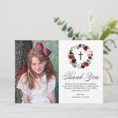 Blauwe en Bourgogne Bloemenkrans Eerste Communie Bedankkaart (Staand voorkant)