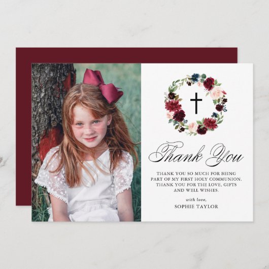 Blauwe en Bourgogne Bloemenkrans Eerste Communie Bedankkaart (Voorkant / Achterkant)
