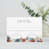 Blauwe en Bourgondische Waterverf bruiloft reactie RSVP Kaartje (Staand voorkant)