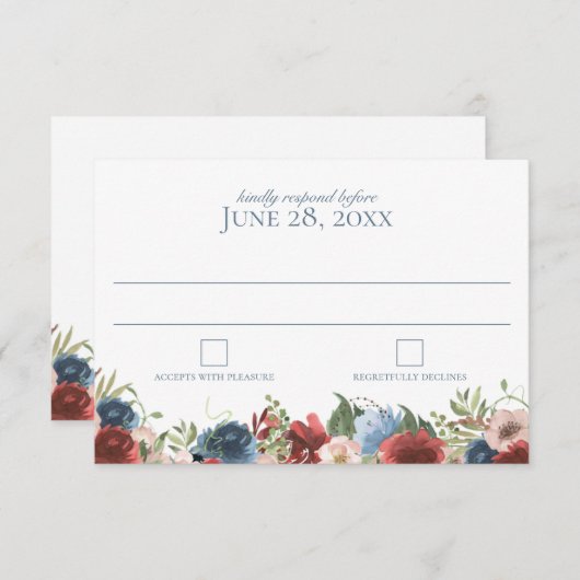 Blauwe en Bourgondische Waterverf bruiloft reactie RSVP Kaartje (Voorkant / Achterkant)