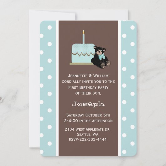 Blauwe en bruine baby's eerste uitnodiging van de  (Voorkant)