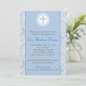 Blauwe en bruine baptisme/Christening Uitnodiging (Staand voorkant)