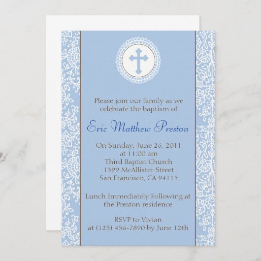 Blauwe en bruine baptisme/Christening Uitnodiging (Voorkant / Achterkant)