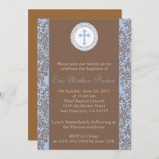 Blauwe en bruine baptisme/Christening Uitnodiging (Voorkant / Achterkant)