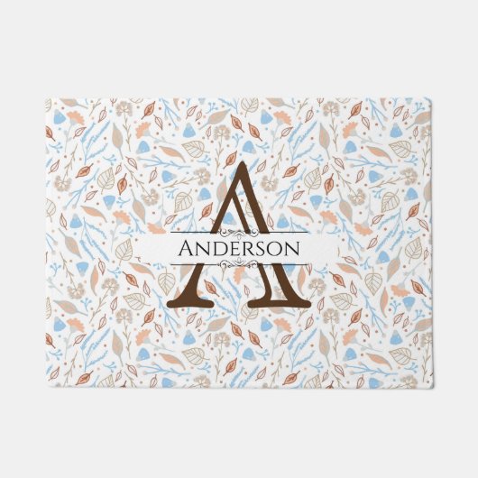 Blauwe en bruine bladeren | Monogram Herfst Deurkl Deurmat (Voorkant)