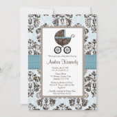 Blauwe en bruine Damask Baby Shower-uitnodigingen Kaart (Voorkant)